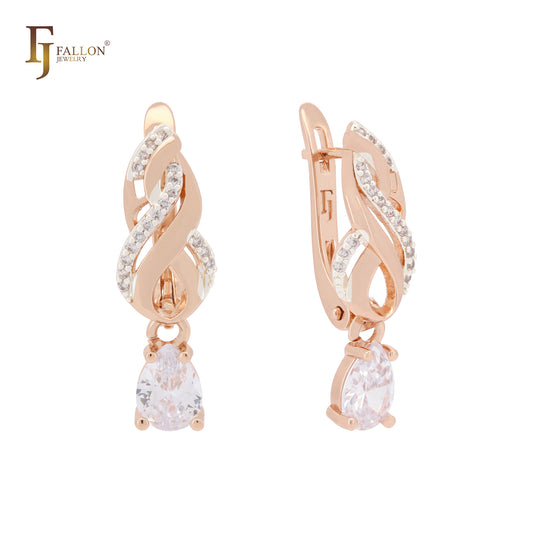 Solitaire Pear shape white CZ with paved white CZs Rose Gold Clip-On Earrings