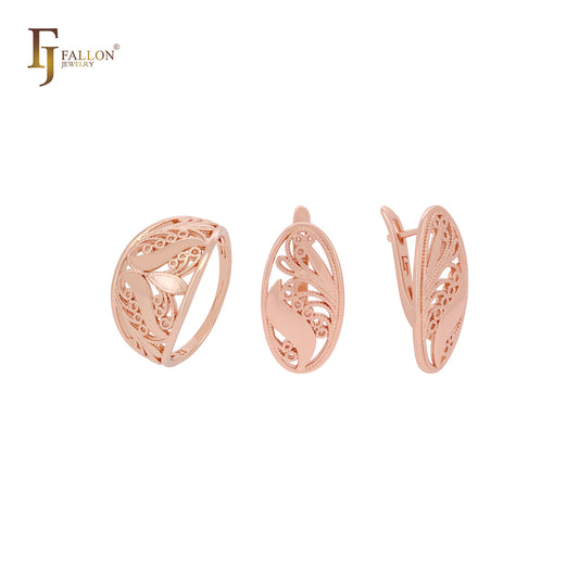 Filigree textured oval geometric Rose Gold Jewelry Set with Rings