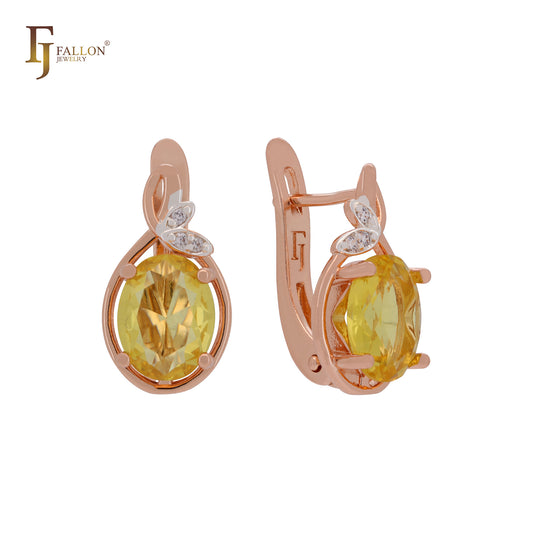 Solitaire Orange CZs with leaves of white CZ Rose Gold two tone Clip-On Earrings