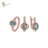 Oval solitaire clawed lake blue CZ Rose Gold two tone Jewelry Set with Rings