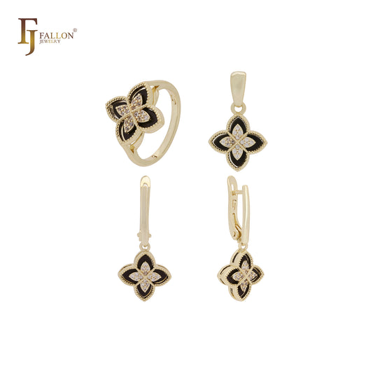 Black and white layered clover 14K Gold, Rose Gold Jewelry Set with Rings and Pendant