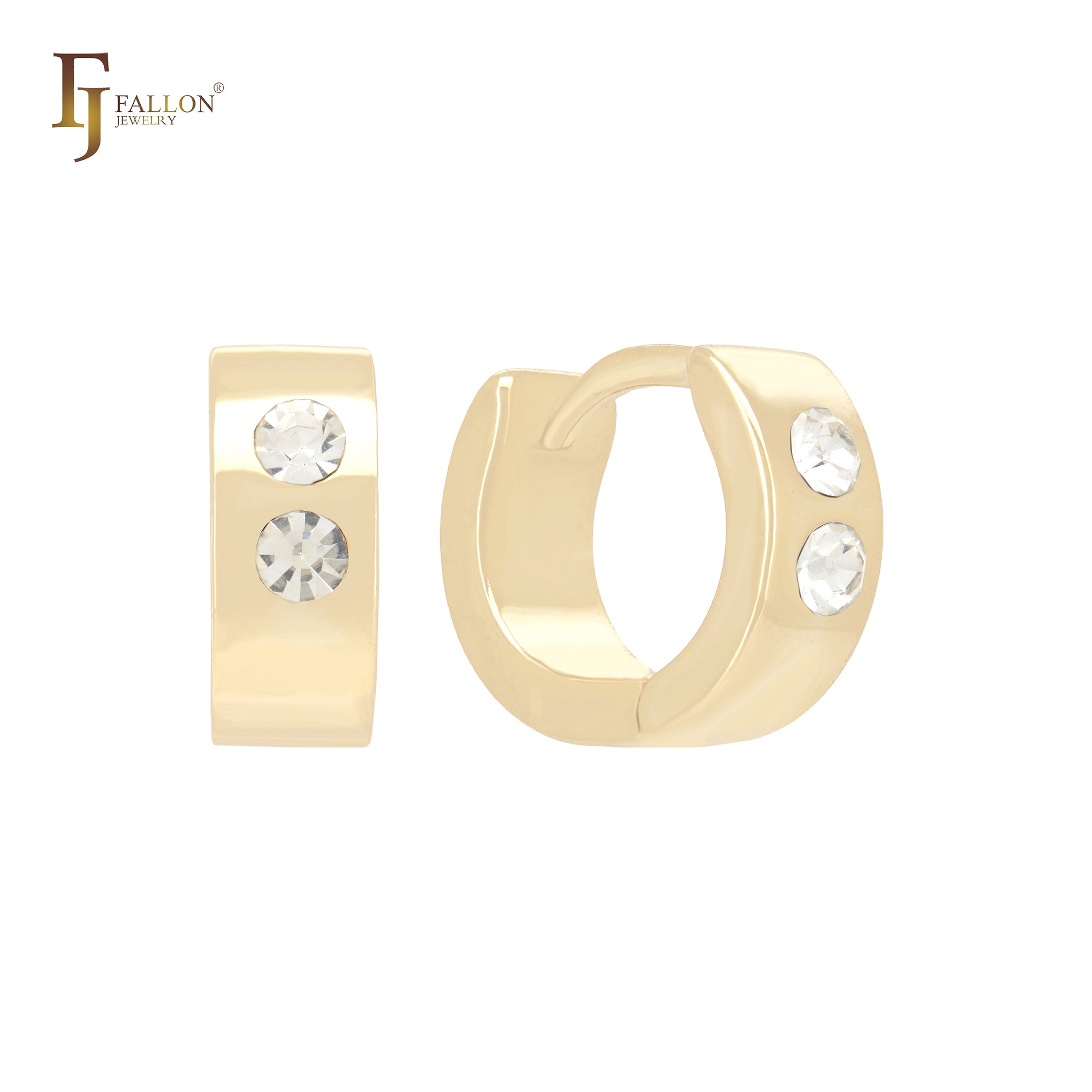 Tiny double rounded white CZs 14K Gold Huggie Earrings