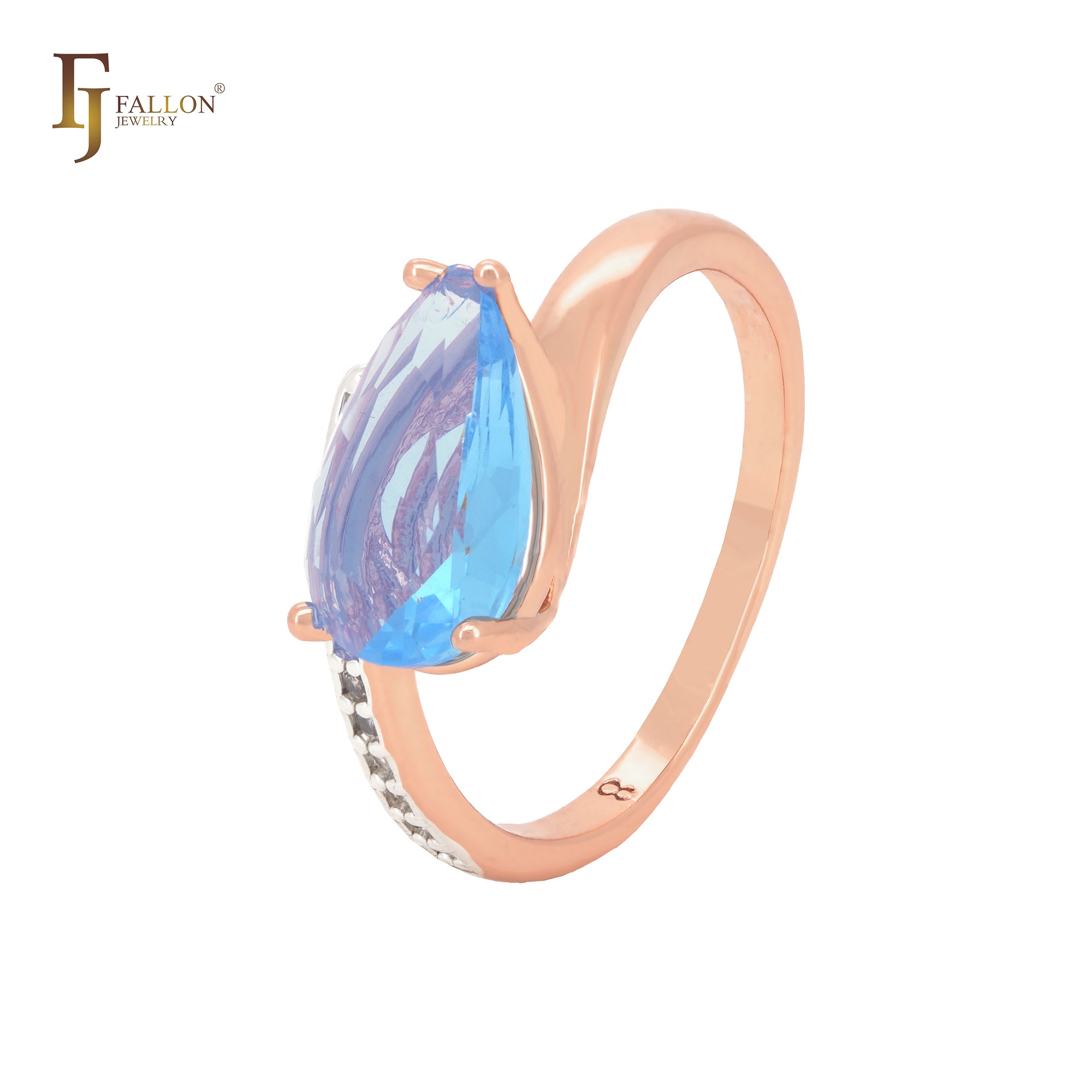 Deep Ocean Blue pear shape CZ Solitaire with white CZs Rose Gold two tone Fashion Rings