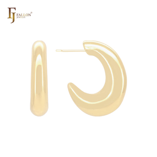 Glossy oval curved C Hoop 14K Gold, Rose Gold, White Gold Stud Earrings