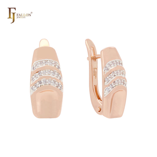 Triple rows of white CZs Rose Gold two tone Clip-On Earrings