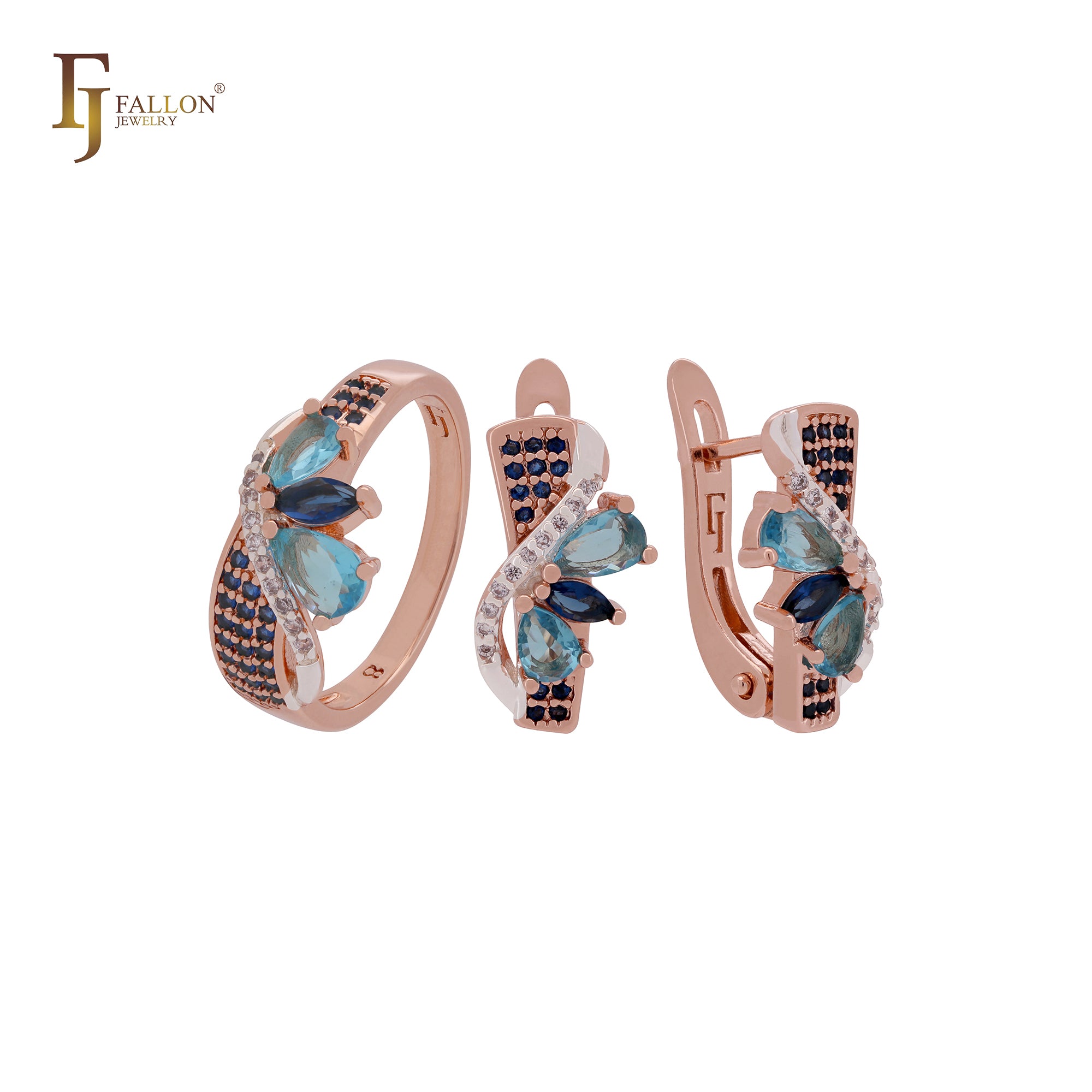 Cluster mixed blue CZs Rose Gold Jewelry Set with Rings