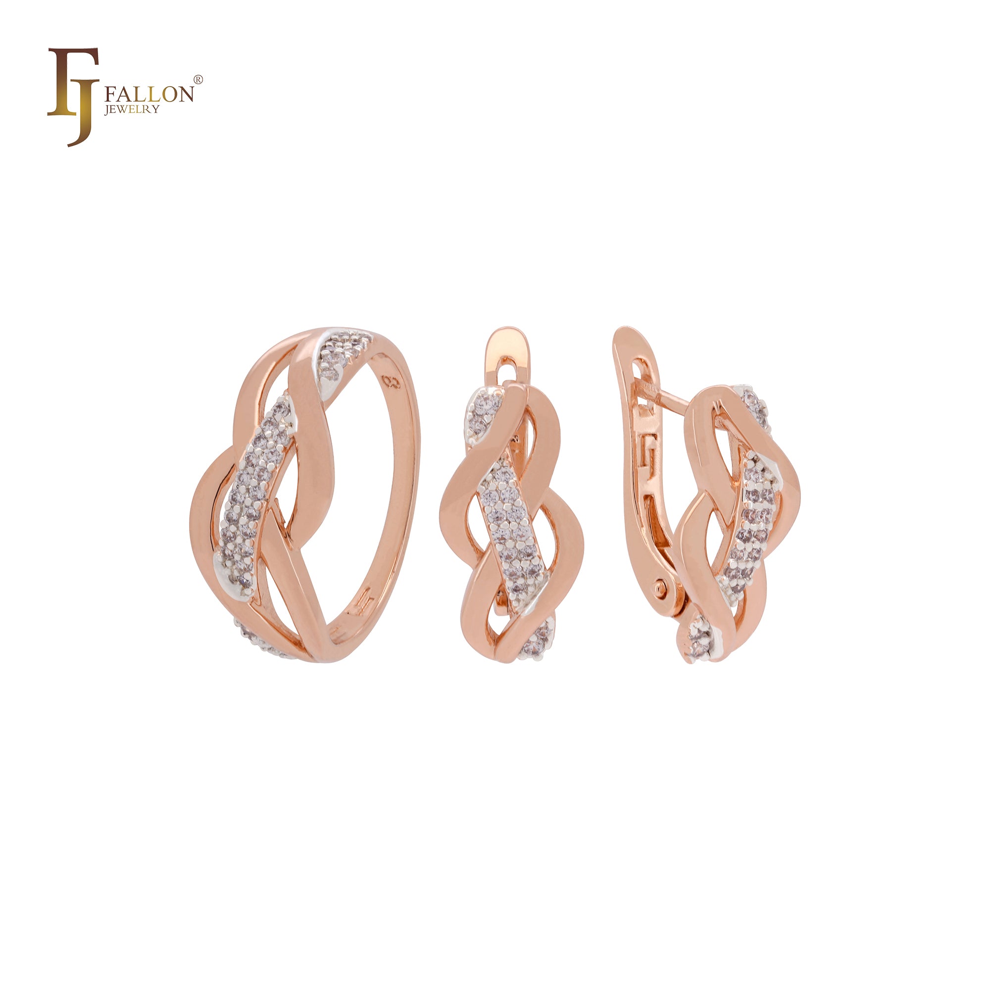 Interwinig bands of white CZs geometric designed Rose Gold two tone Jewelry Set with Rings