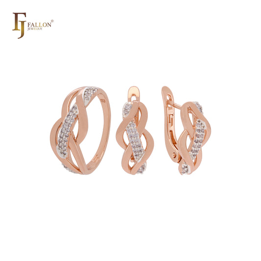 Interwinig bands of white CZs geometric designed Rose Gold two tone Fashion Rings