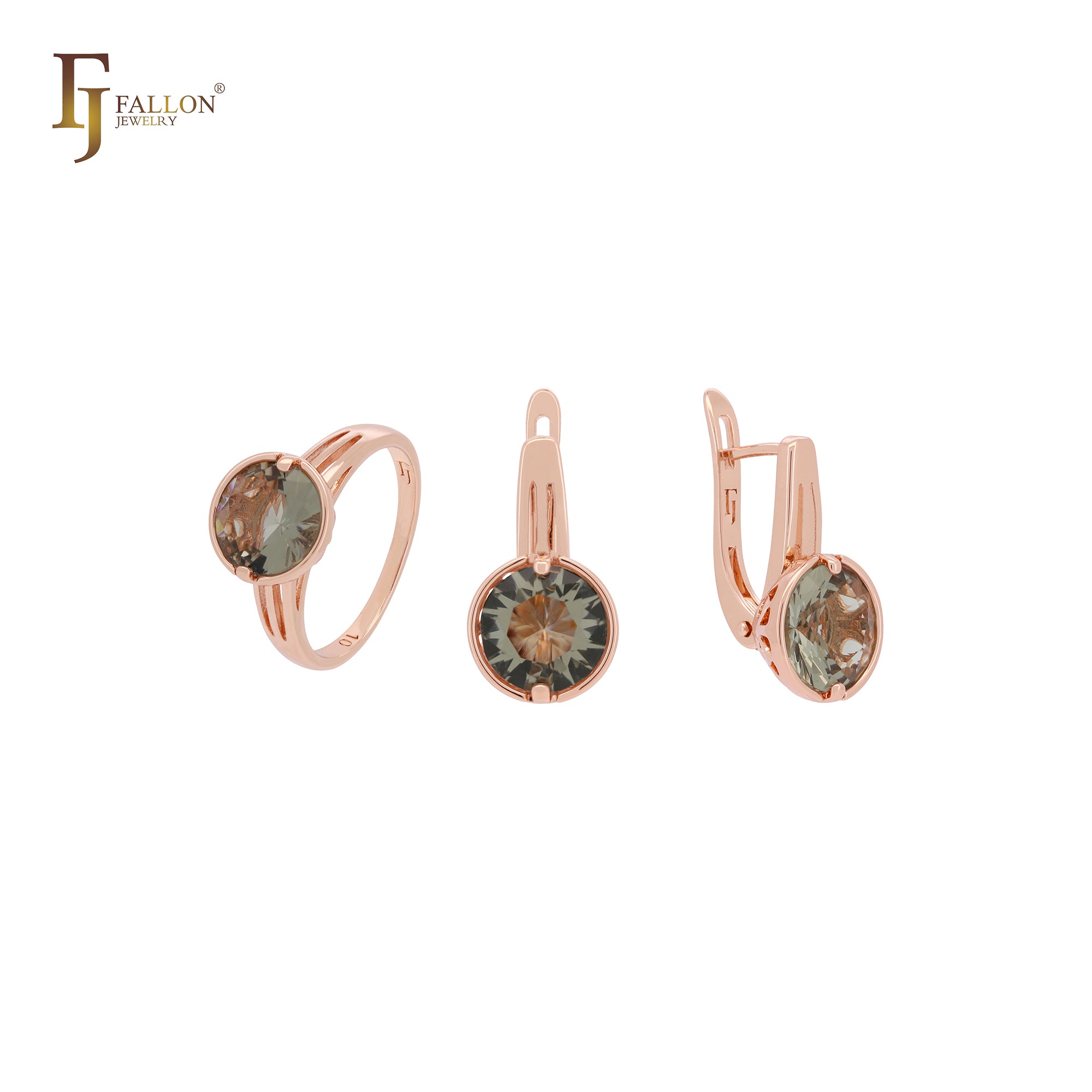 Rounded solitaire apple green Rose Gold Jewelry Set with Rings