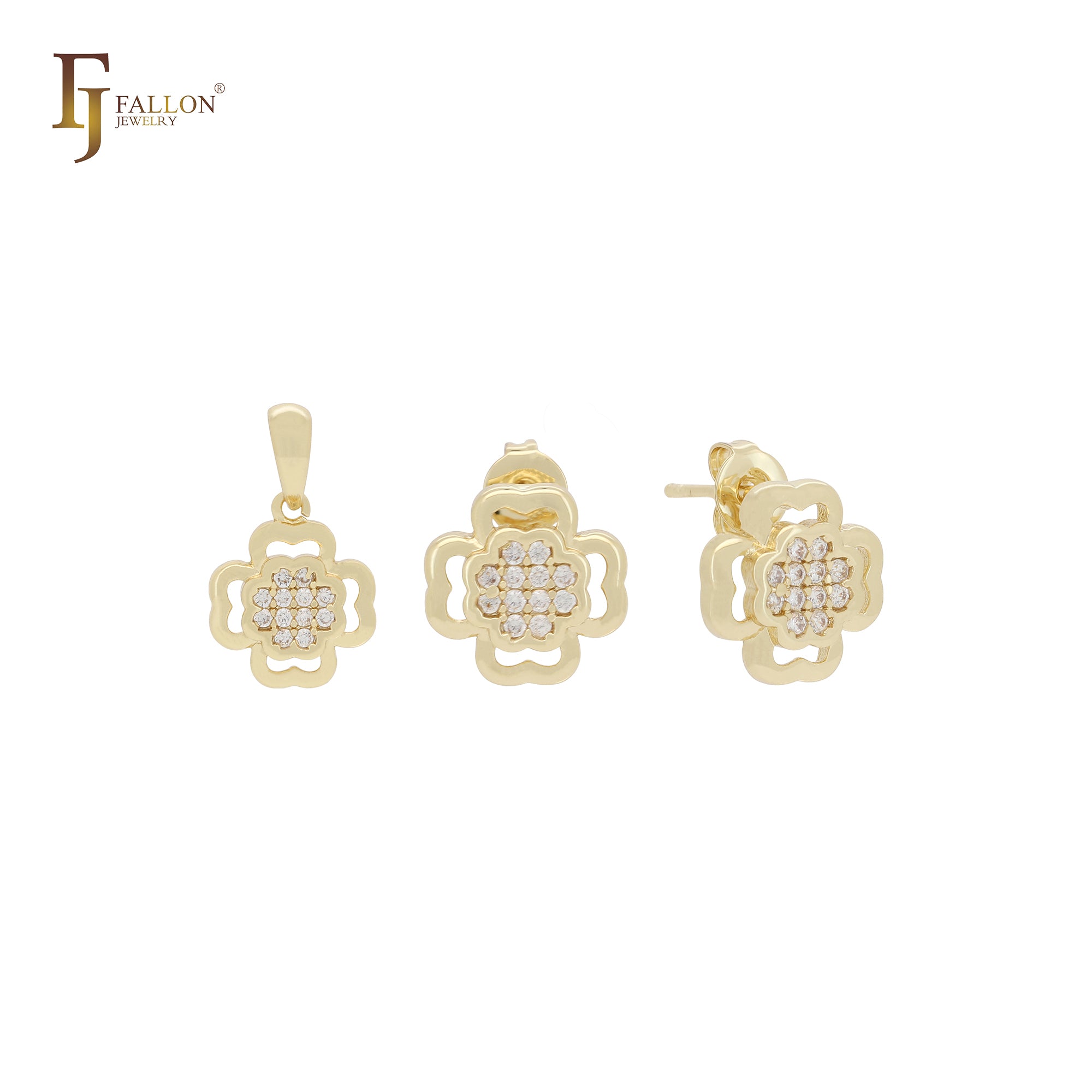 Petit tiny Clover shape white CZs cluster 14K Gold Jewelry Set with Pendant and Stud Earrings