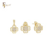 Petit tiny Clover shape white CZs cluster 14K Gold Jewelry Set with Pendant and Stud Earrings