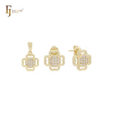 Petit tiny Clover shape white CZs cluster 14K Gold Jewelry Set with Pendant and Stud Earrings