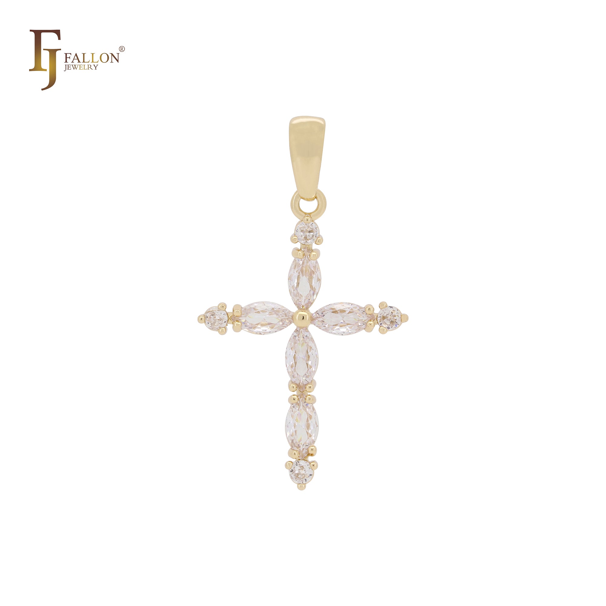 Latin cluster white CZs marquise 14K Gold, Rose Gold cross pendant