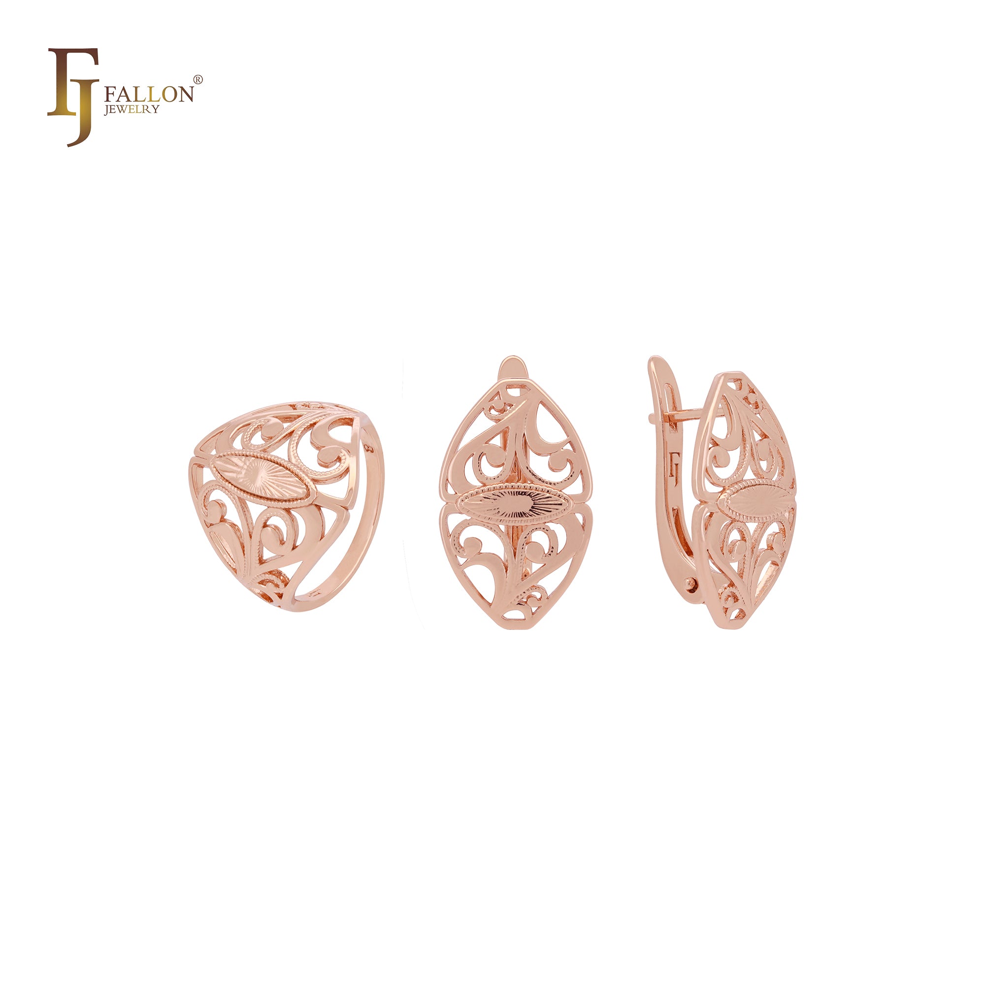 Oval sunburst textured filigree Rose Gold Jewelry Set with Rings