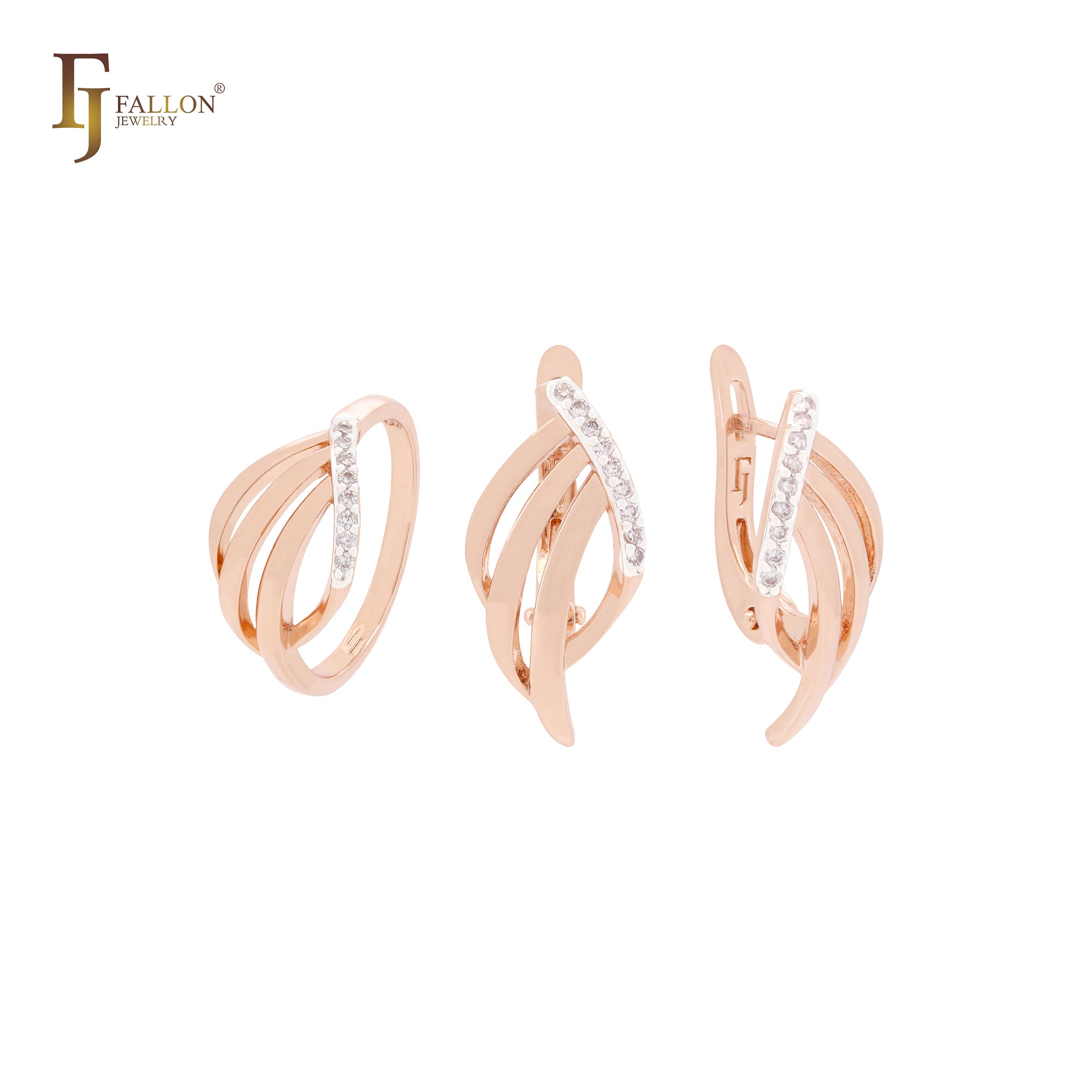 Triple branches geometric white CZs Rose Gold two tone Jewelry Set with Rings