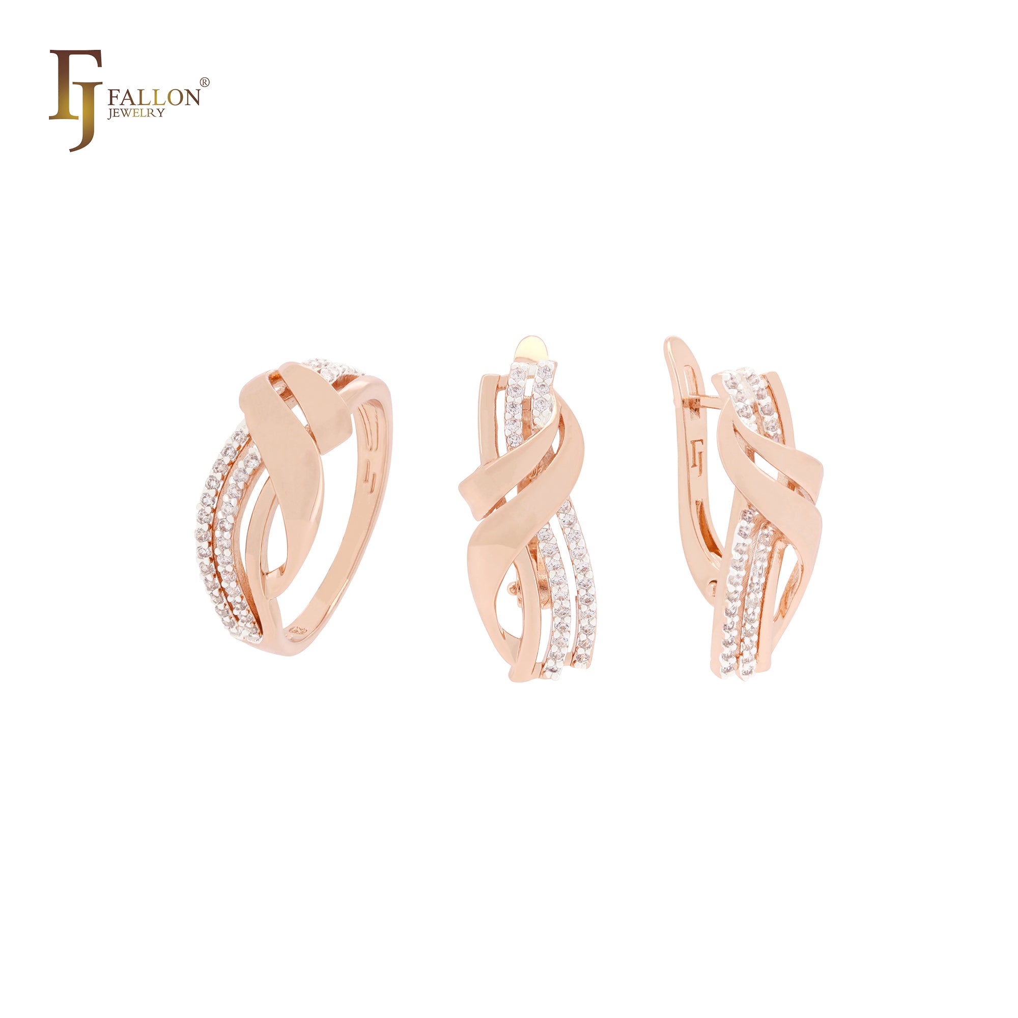 Layers interlocking ribbons white CZs Rose Gold two tone Jewelry Set with Rings