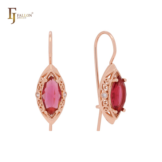 Filigree Marquise Solitaire red CZ Rose Gold Wire Hook Earrings