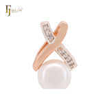 Interlock crossing white CZs Rose Gold two tone Pearl solitaire Pendant