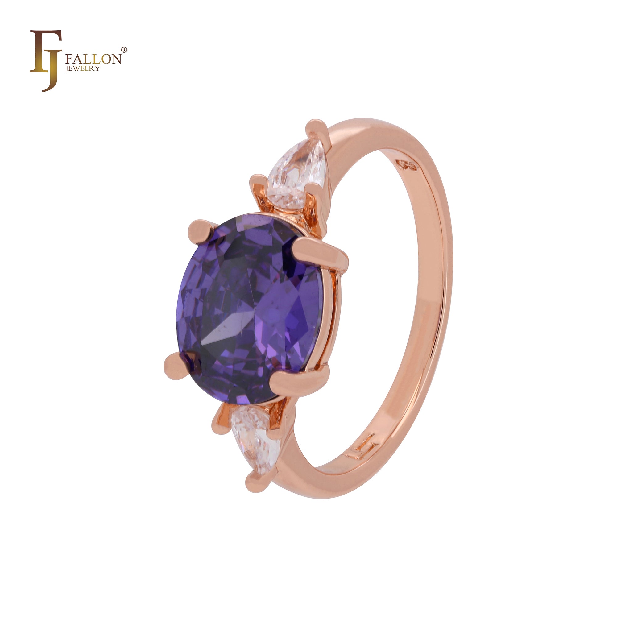 Big Solitaire Purple CZ sided with white CZs Rose Gold Engagement Rings