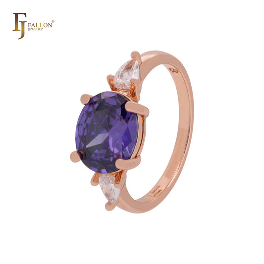 Big Solitaire Purple CZ sided with white CZs Rose Gold Engagement Rings