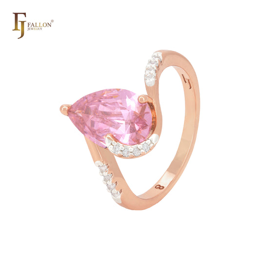 Pear shape pink CZ solitaire drop with white CZs Rose Gold two tone Fashion Rings