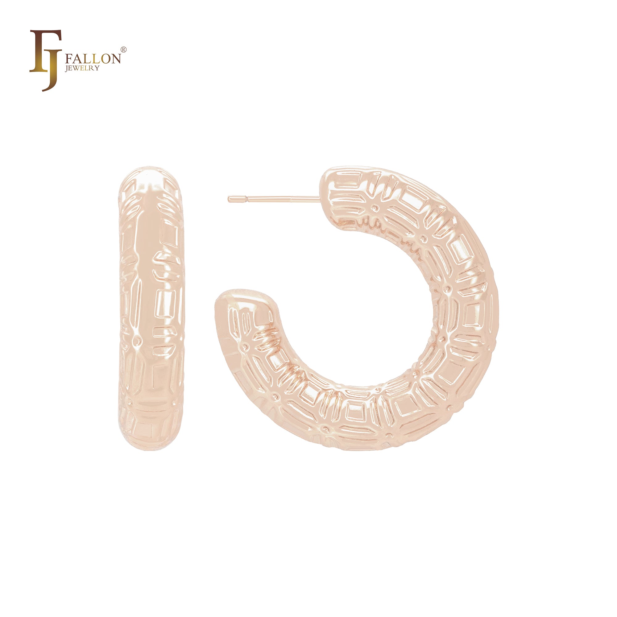 Squared textured shape rouneded tube C Hoop 14K Gold, Rose Gold, White Gold Stud Earrings