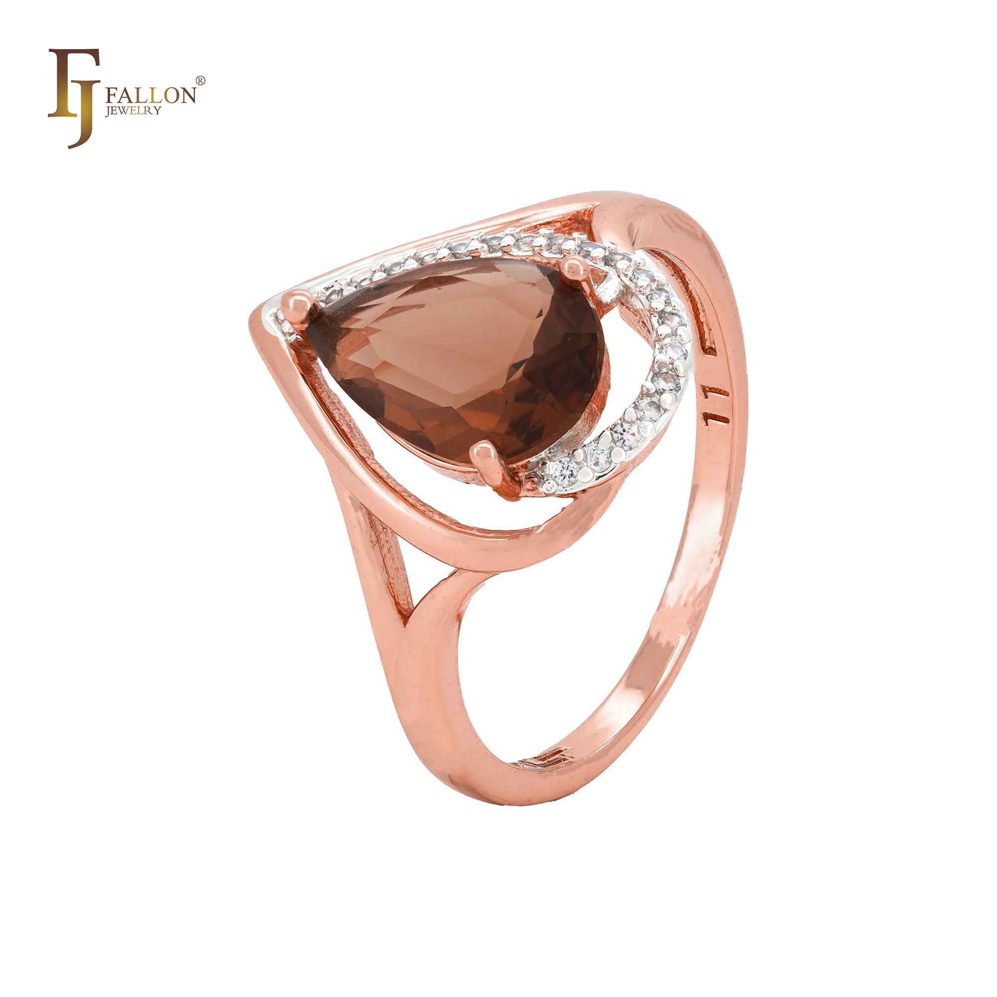 Teardrop shape coffee stone with white CZs Rose Gold two tone Fashion Rings