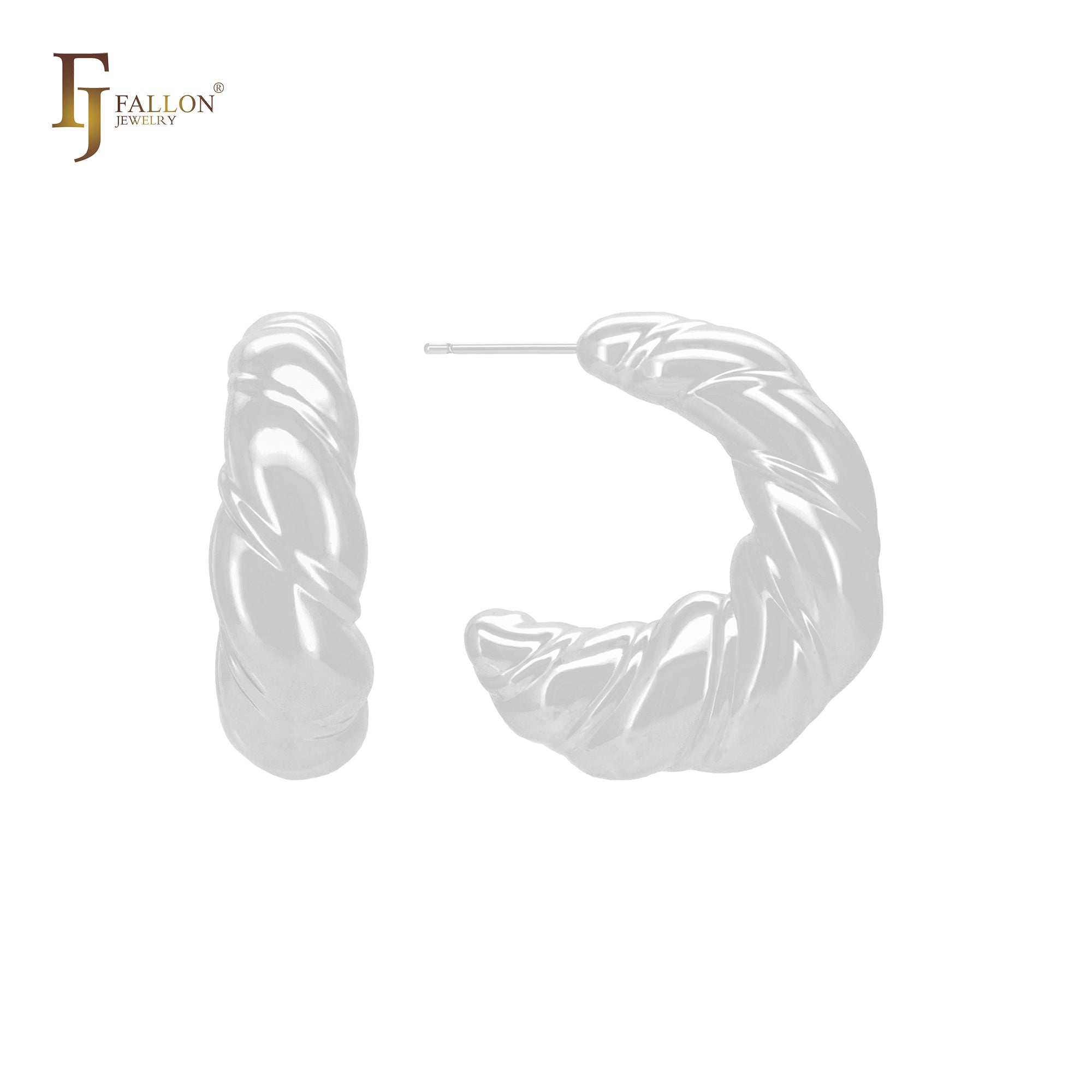 Twisted baguette shape C Hoop 14K Gold, Rose Gold, White Gold Stud Earrings