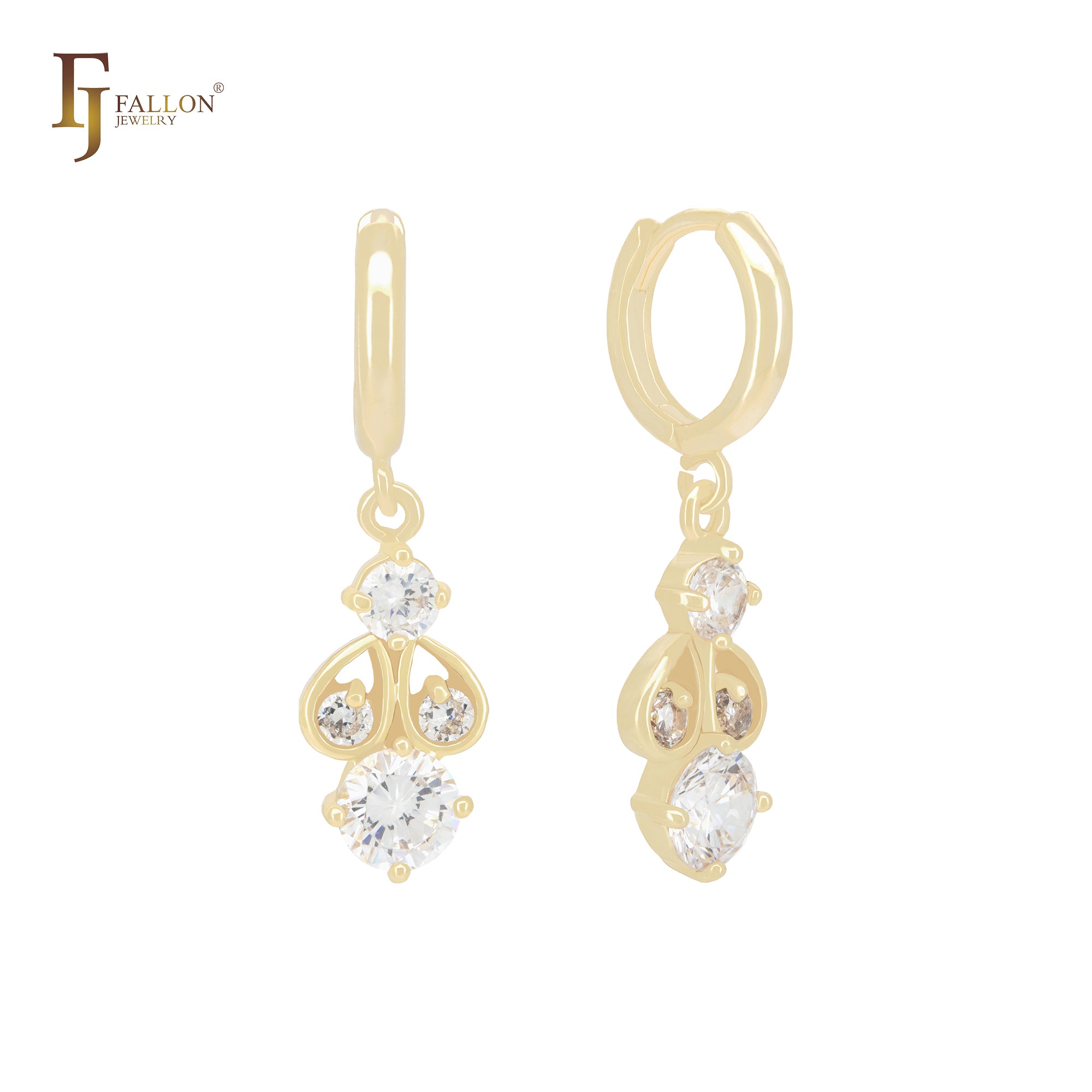 Cluster white CZs drop 14K Gold Huggie Earrings