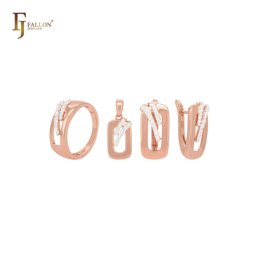 Oval rounded with two white CZs slashes Rose Gold Jewelry Set with Rings