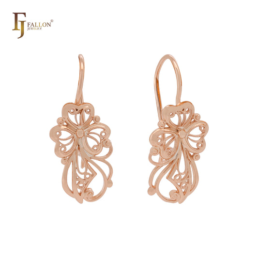 Hearty triple ribbbon heart filigree Rose Gold Wire Hook Earrings