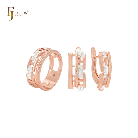 Chain link rail design Rose Gold two tone Jewelry Set with Rings