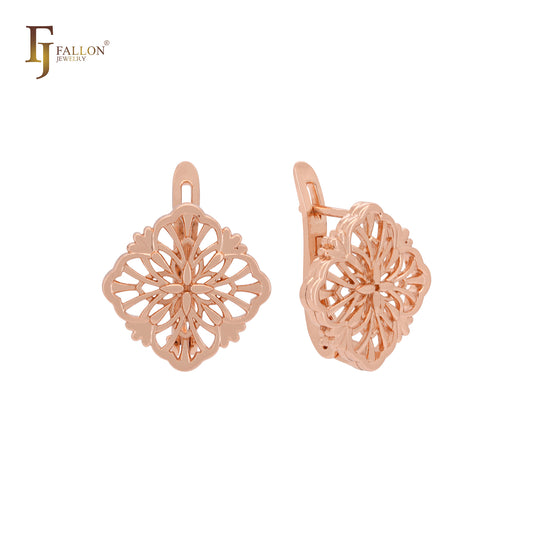 Double layers filigree flower Rose Gold Clip-On Earrings