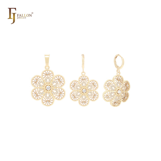 Fancy radioactive snowflakes of white CZs 14K Gold Jewelry Set with Pendant