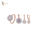 Halo Giant Rounded White Solitaire CZ Rose Gold two tone Jewelry Set with Rings and Pendant