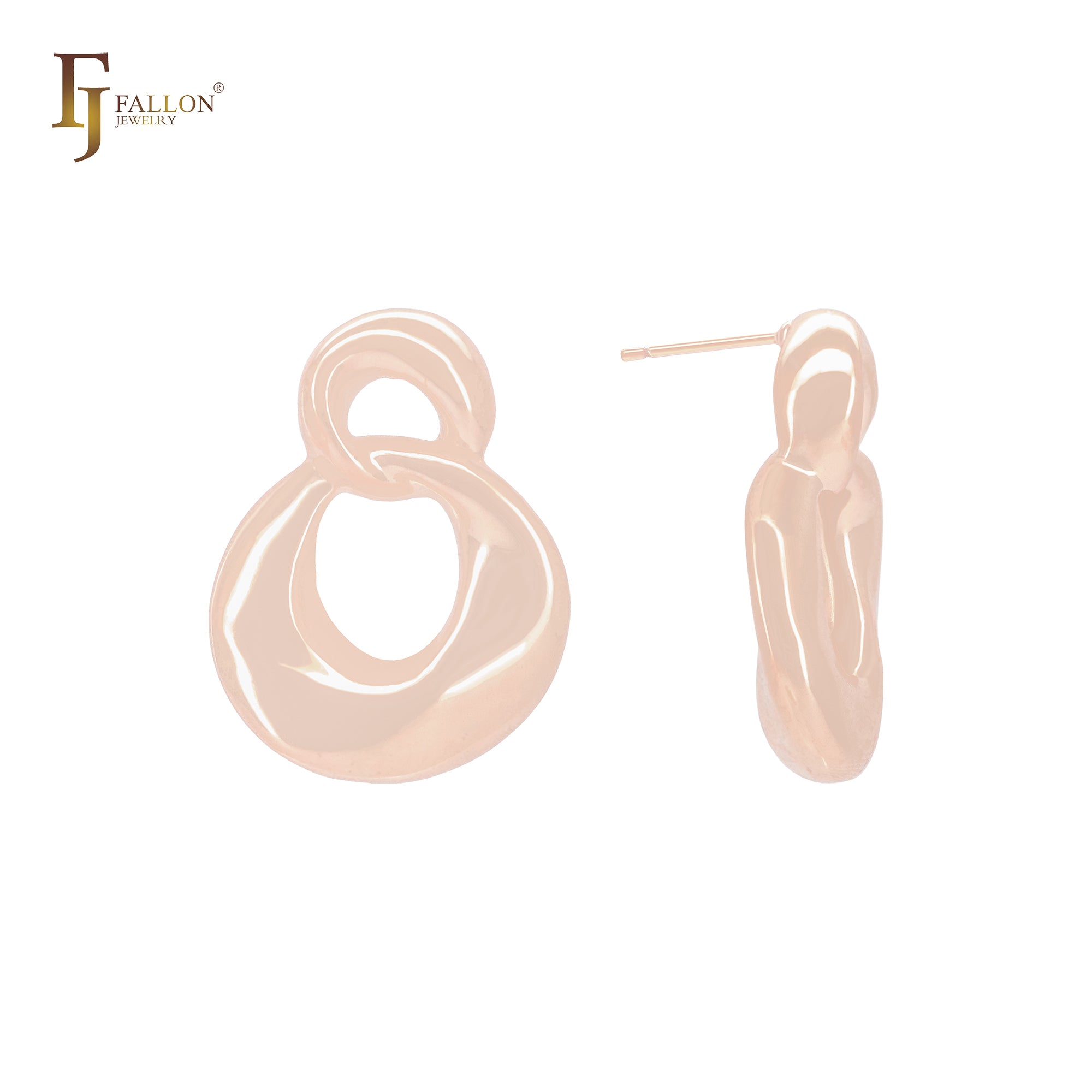 Irregular twisted ribbon circle lock shaped 14K Gold, Rose Gold, White Gold Stud Earrings