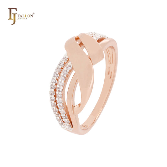 Layers interlocking ribbons white CZs Rose Gold two tone Fashion Rings