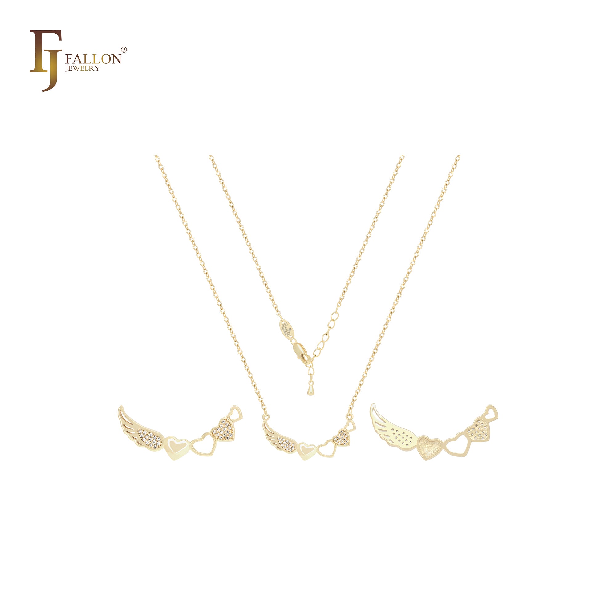 Angels wing with white CZs with hearts 14K Gold, Rose Gold Necklace