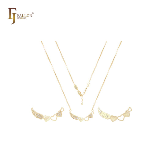 Angels wing with white CZs with hearts 14K Gold, Rose Gold Necklace