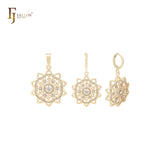 Decagon snowflake shaped white CZs cluster 14K Gold Jewelry Set with Pendant