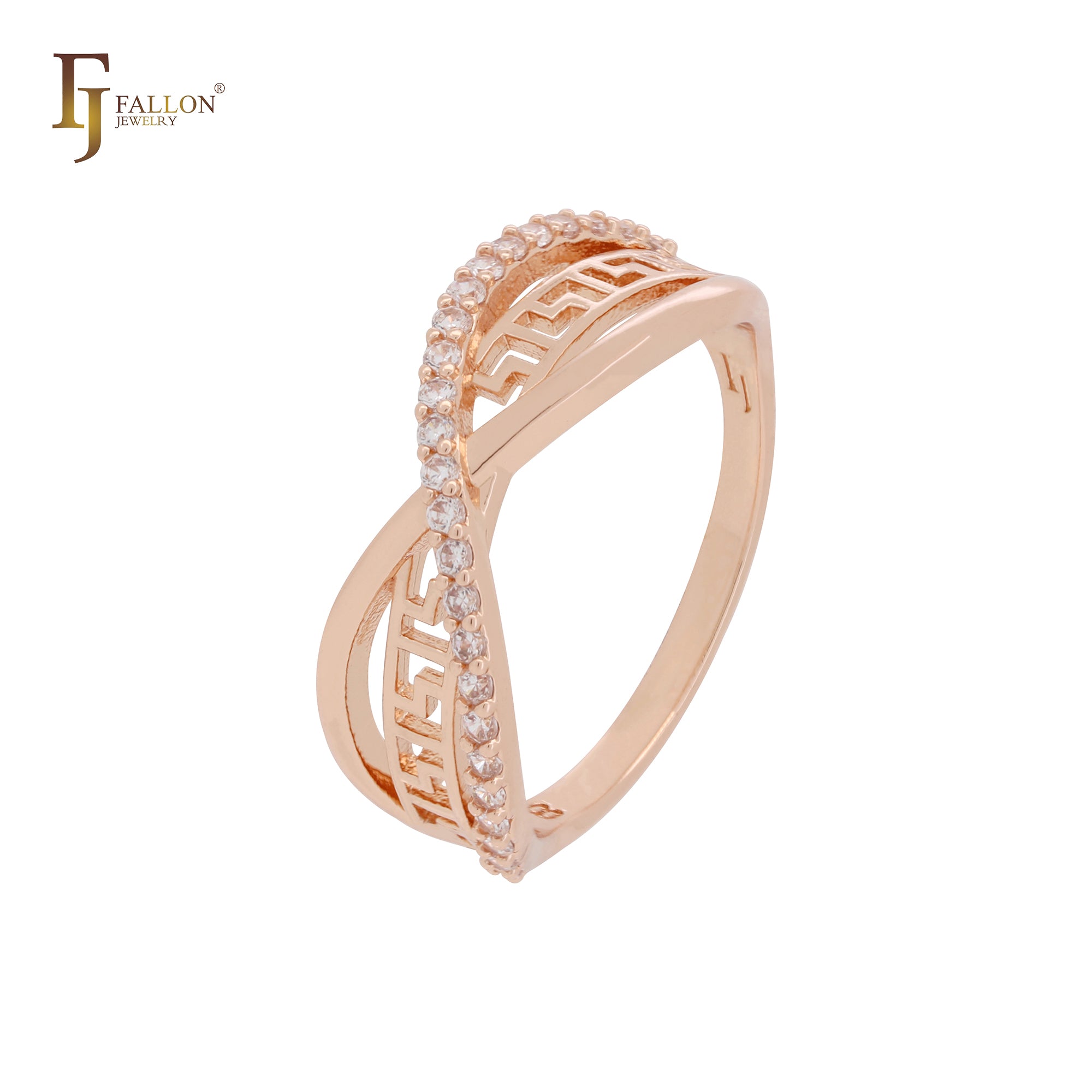 Greek Key Marquise Crossing White CZs Rose Gold Fashion Rings