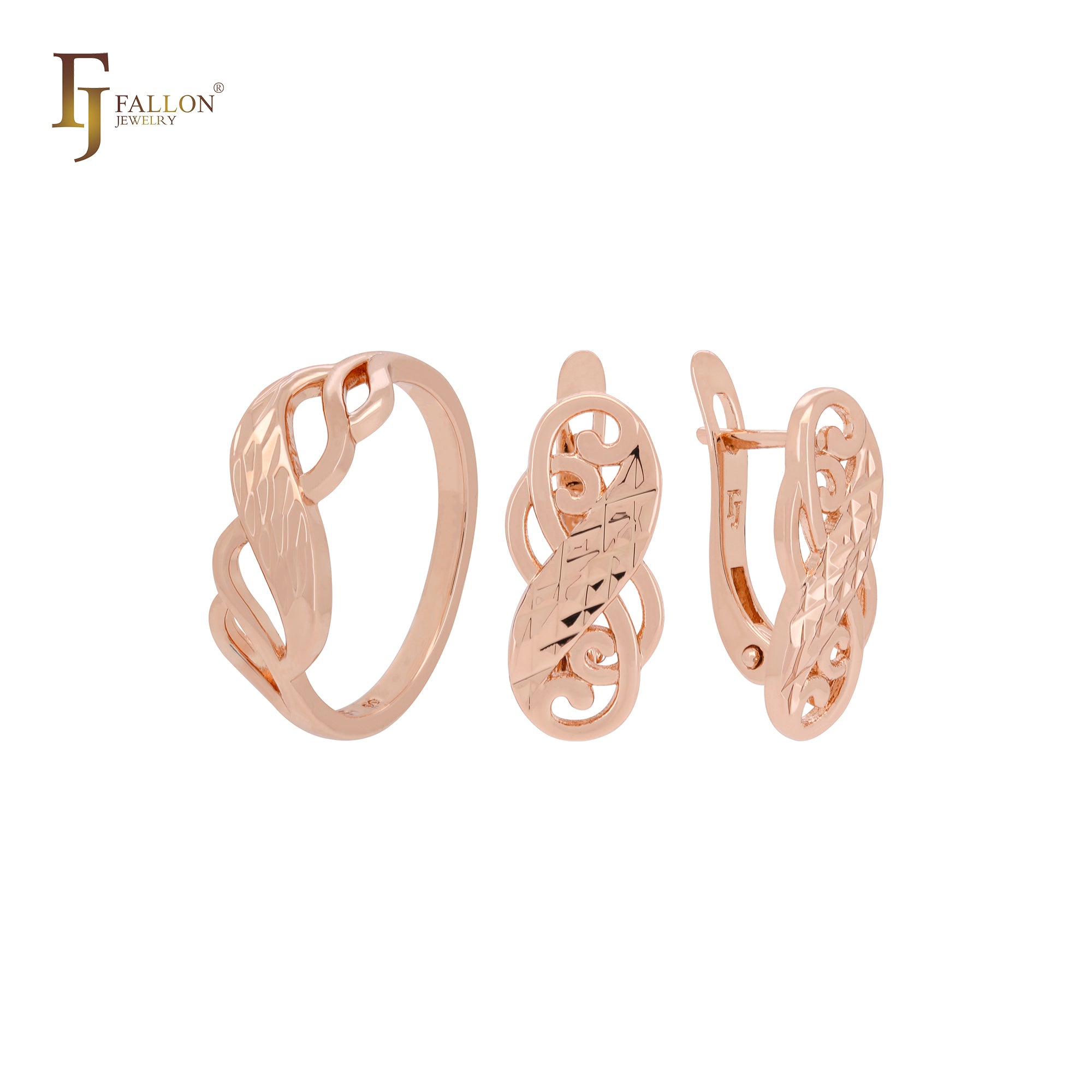 Wavy filigree interlocking Glossy Rose Gold Jewelry Set with Rings