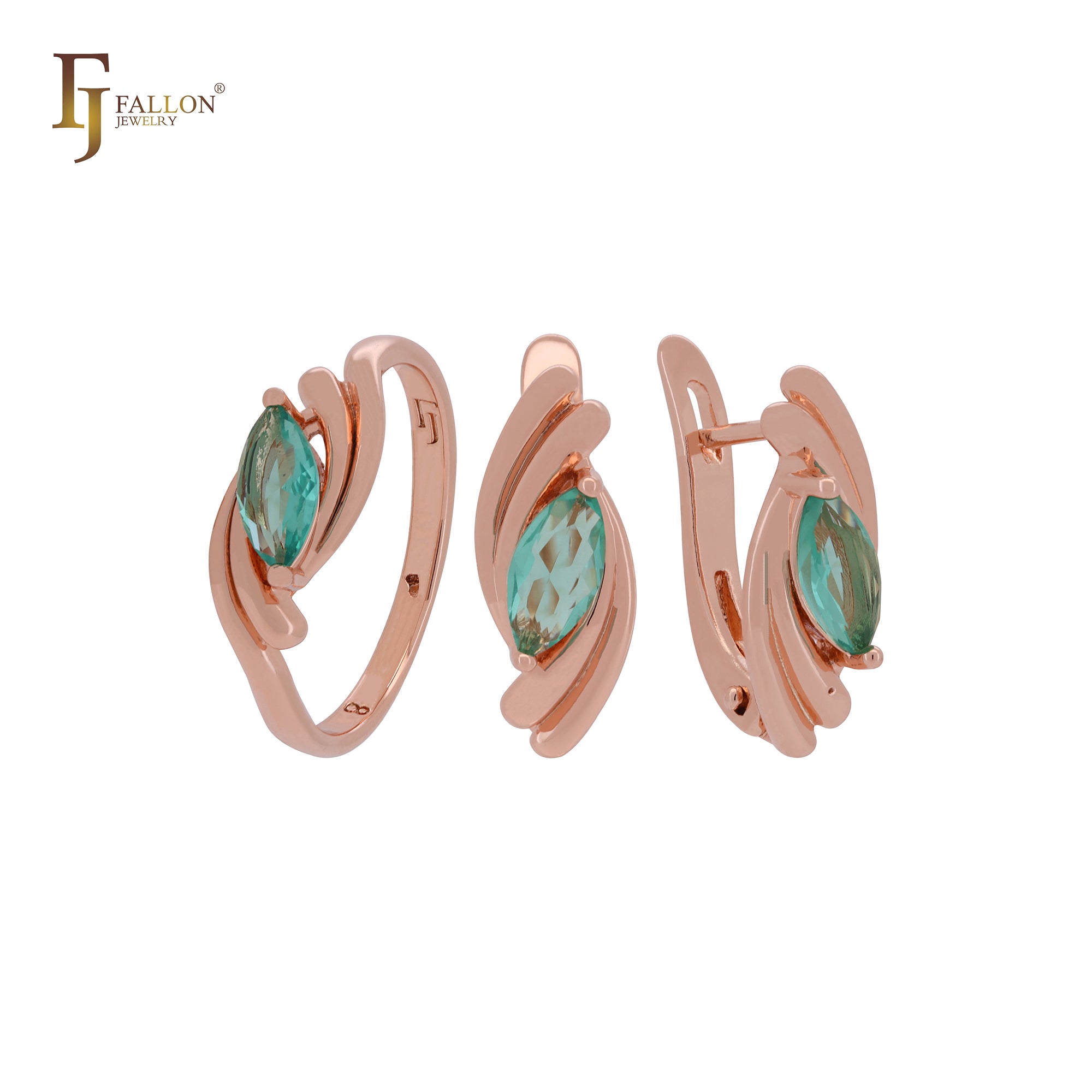 Double twisted Marquise emerald Rose Gold Jewelry Set with Rings