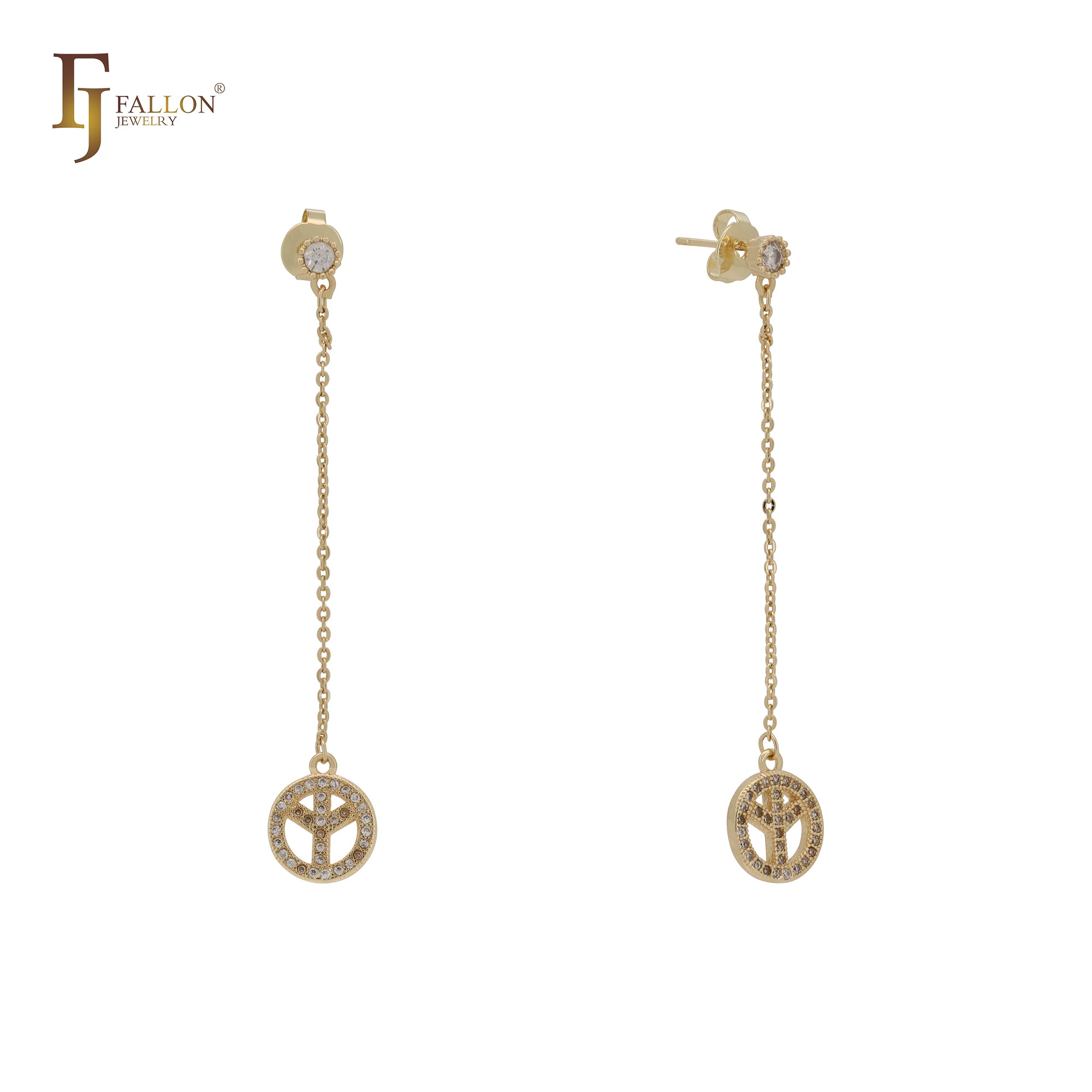 Drop sign of peace 14K Gold white CZs Stud Earrings