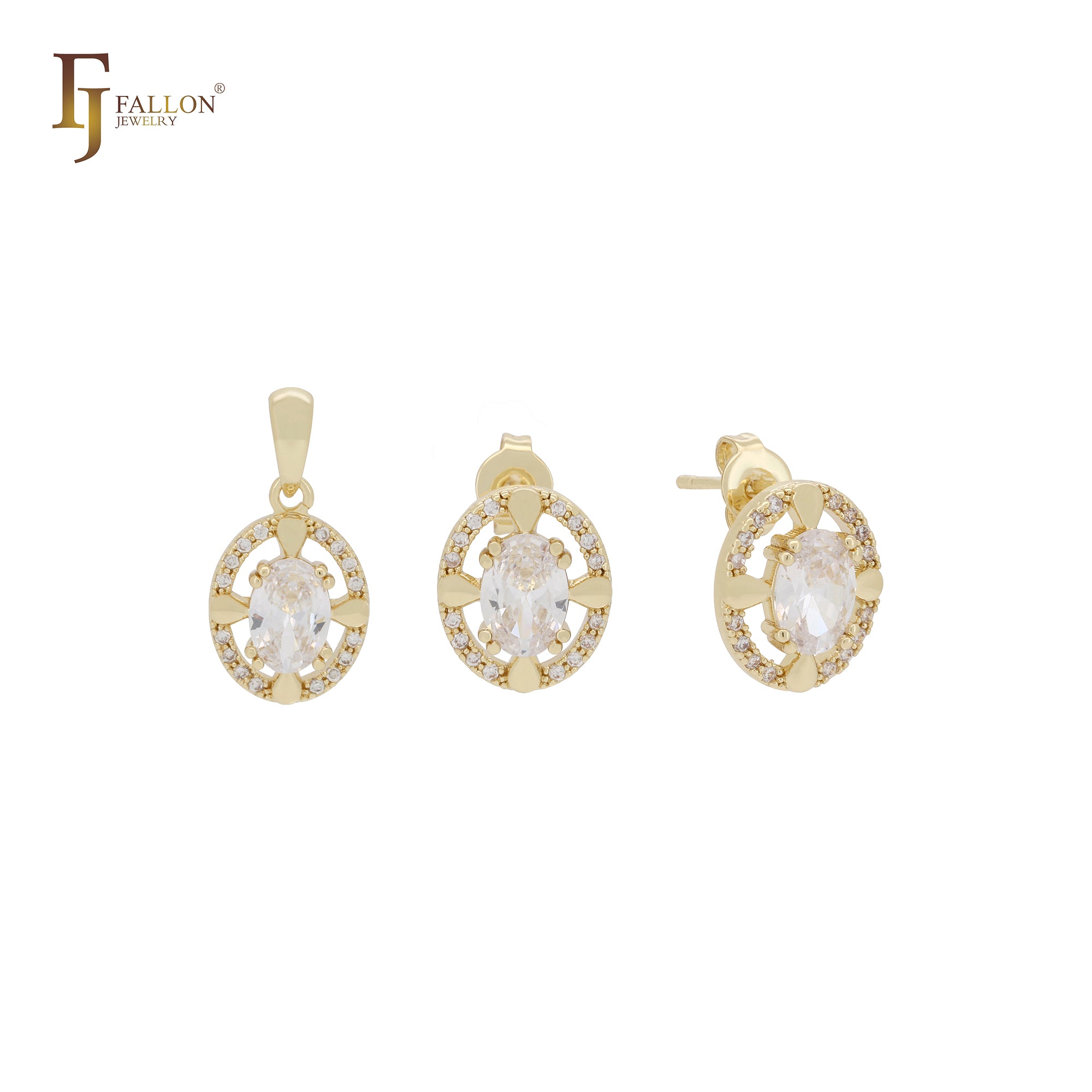 Petit tiny Oval solitaire white CZs cluster 14K Gold Jewelry Set with Pendant and Stud Earrings