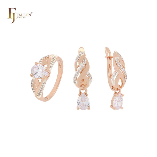 Solitaire Pear shape white CZ with paved white CZs Rose Gold Jewelry Set with Rings