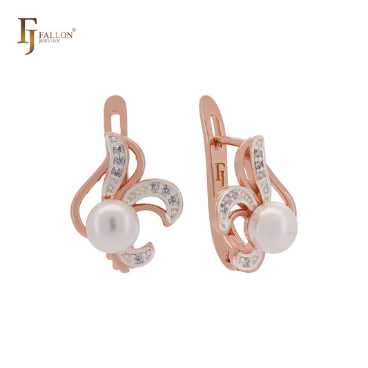 Pearl of flying flower of white CZs Rose Gold two tone Clip-On Earrings