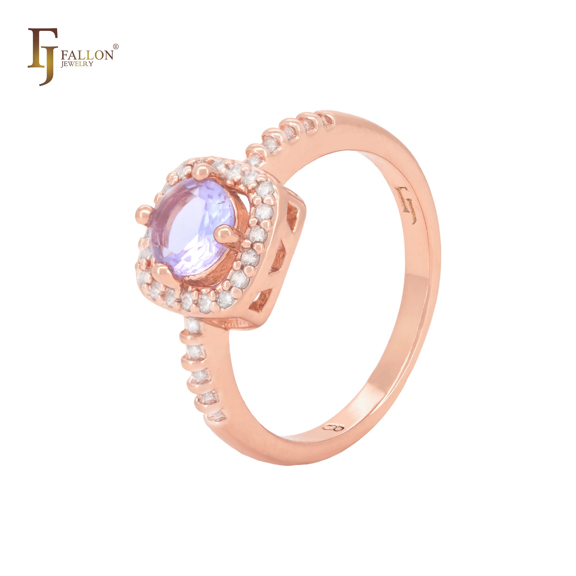 White Czs paved bands with round purple CZ Rose Gold Engagement Rings