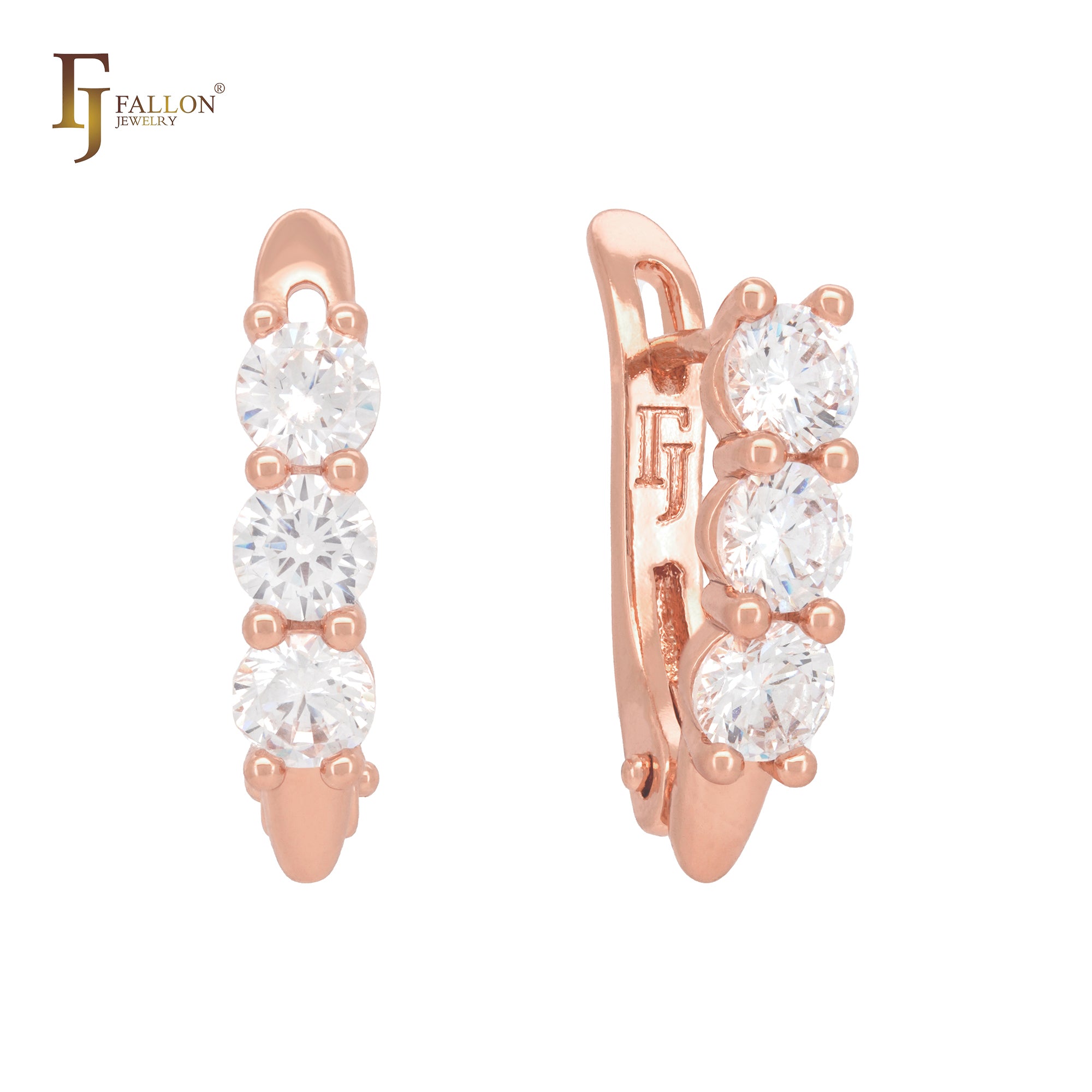 Triple cluster white rounded CZs Rose Gold Clip-On Earrings