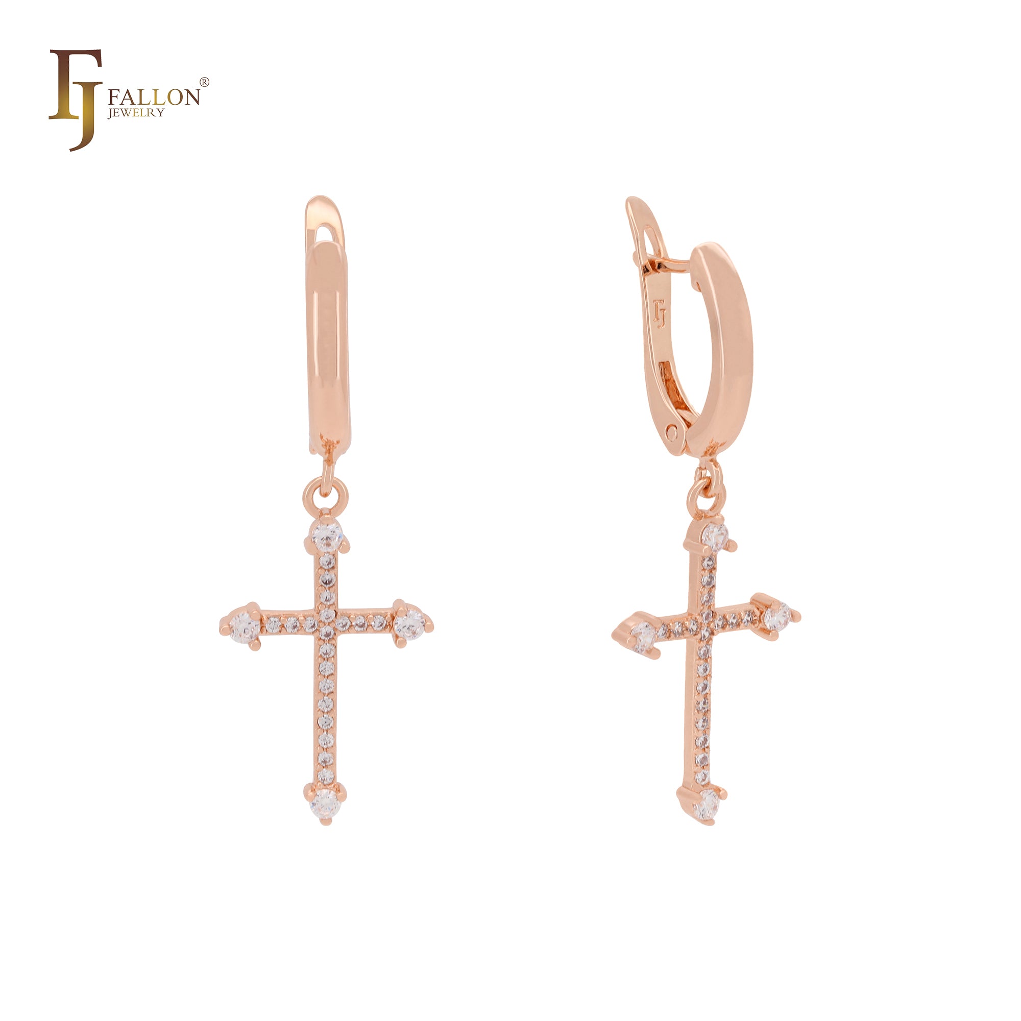 Cluster white CZs cross drop Rose Gold Clip-On Earrings